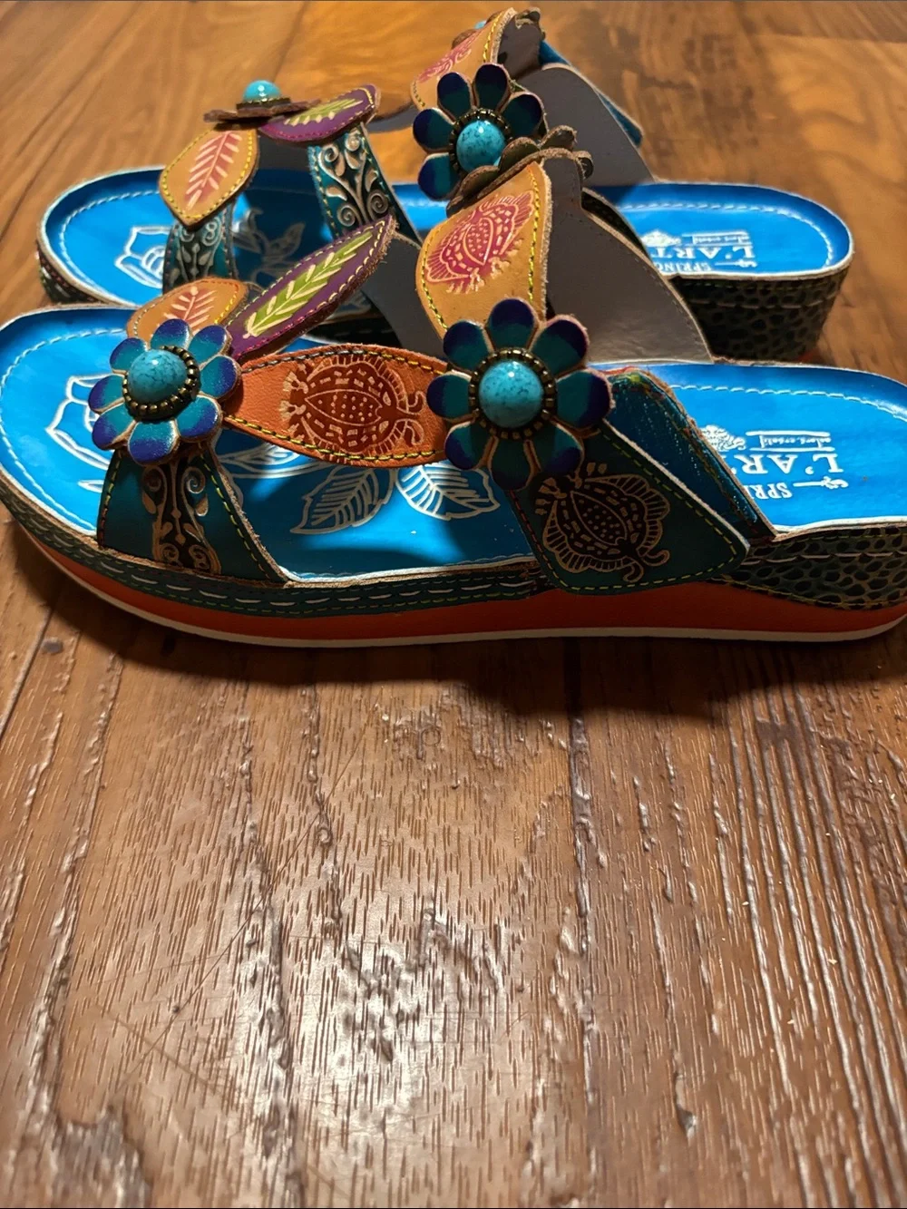 L'ATISTE Turquoise Blue Floral Leaf Leather Kids Sandals